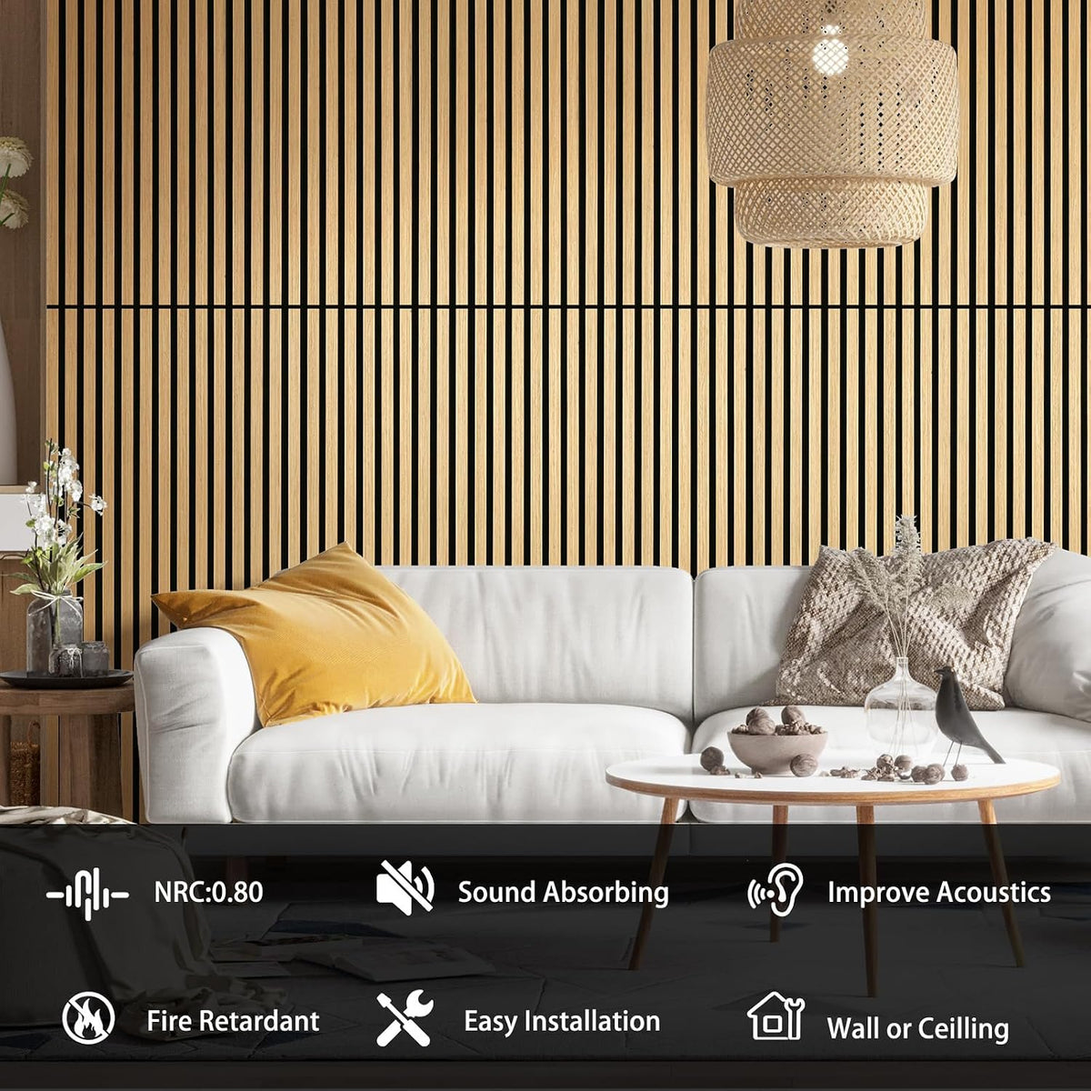 Yun-aeon Oak 2 Pack Wood Slat Acoustic Panels 47.2 x 23.6 Inch 3D Fluted Desi...
