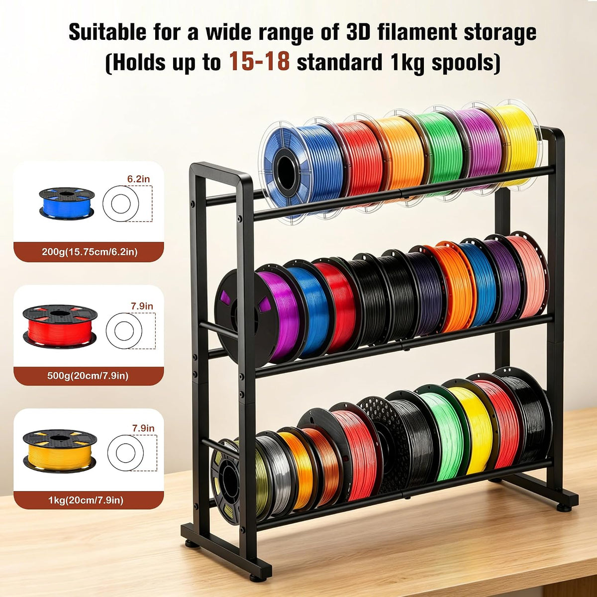 facka 3D Printer Filament Storage Rack, 3-Tier Metal Filament Spool Holder