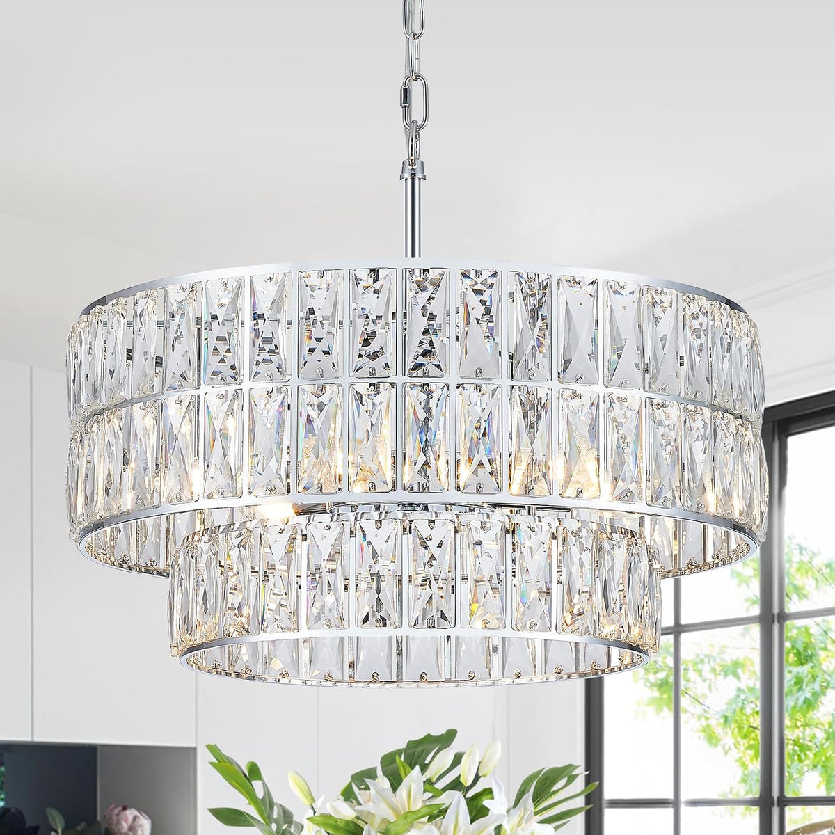 Chrome Crystal Chandelier 20" 6-Light Modern Semi Flush Pendant