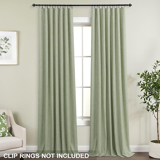 KOUFALL Extra Long 108 Inch Curtains Linen Blackout, Sage Green Thermal Heat