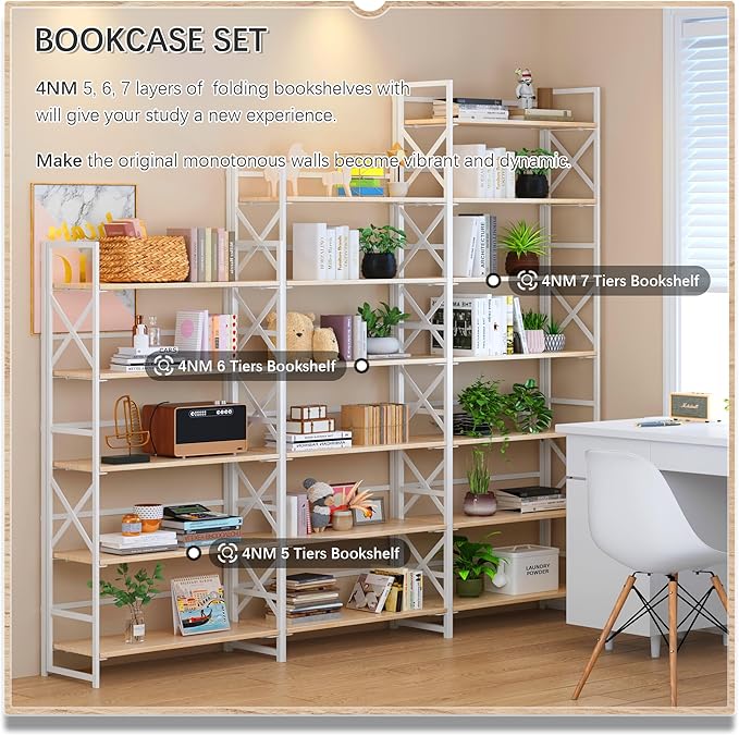 4NM 7 Tiers No Assembly Book Shelves, 72.4" H Folding Bookshelf Bookcase...