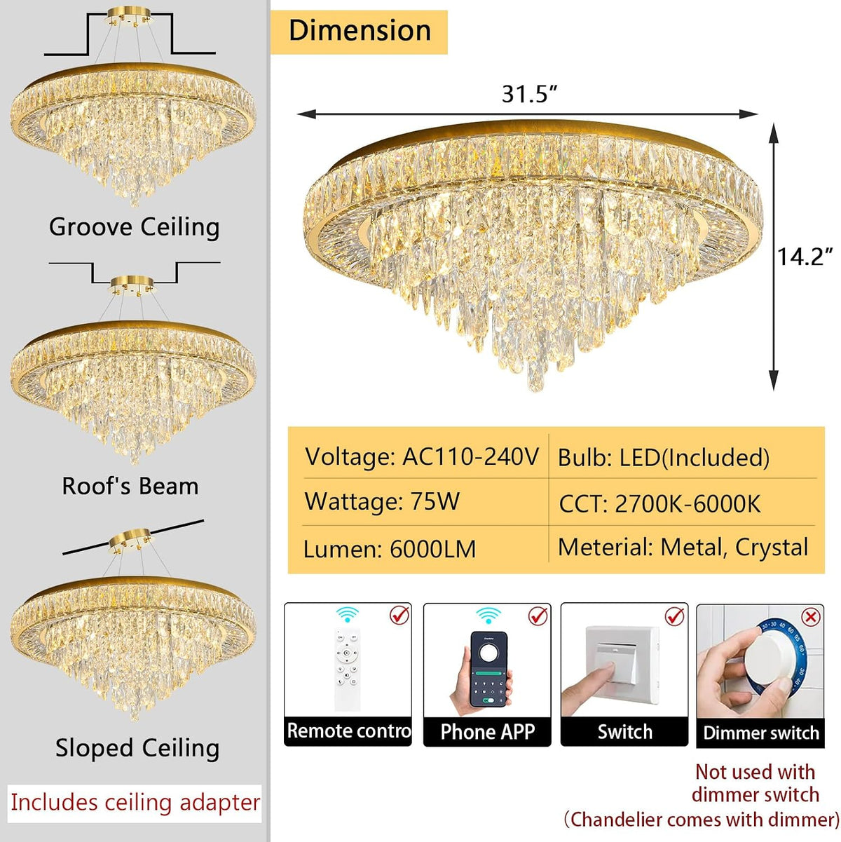 Modern Crystal Chandeliers for Living Room Ceiling Light Fixture LED Dimmable...