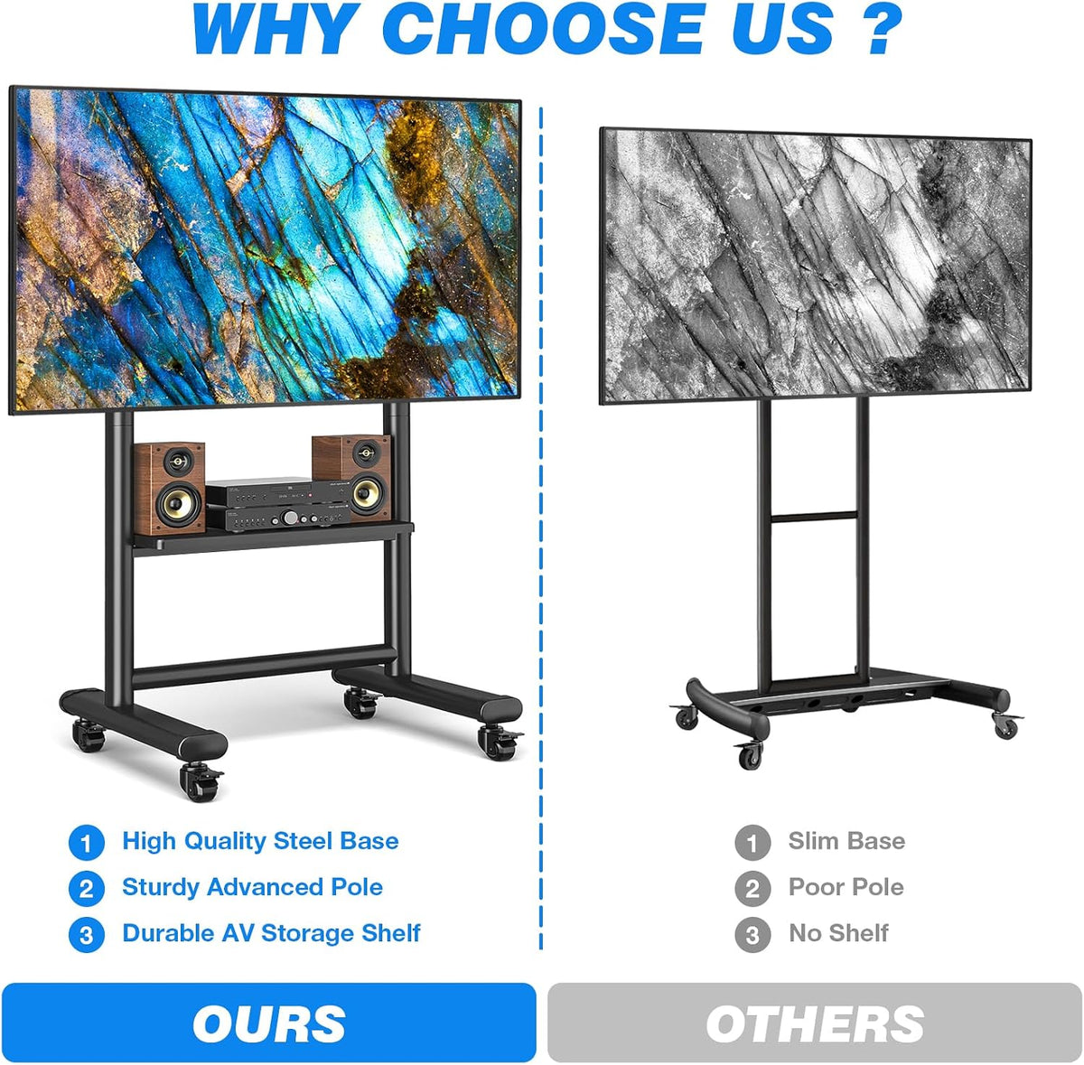 Rfiver Heavy Duty Mobile TV Stand for 50-92 Inch Large TVs up to 200lbs