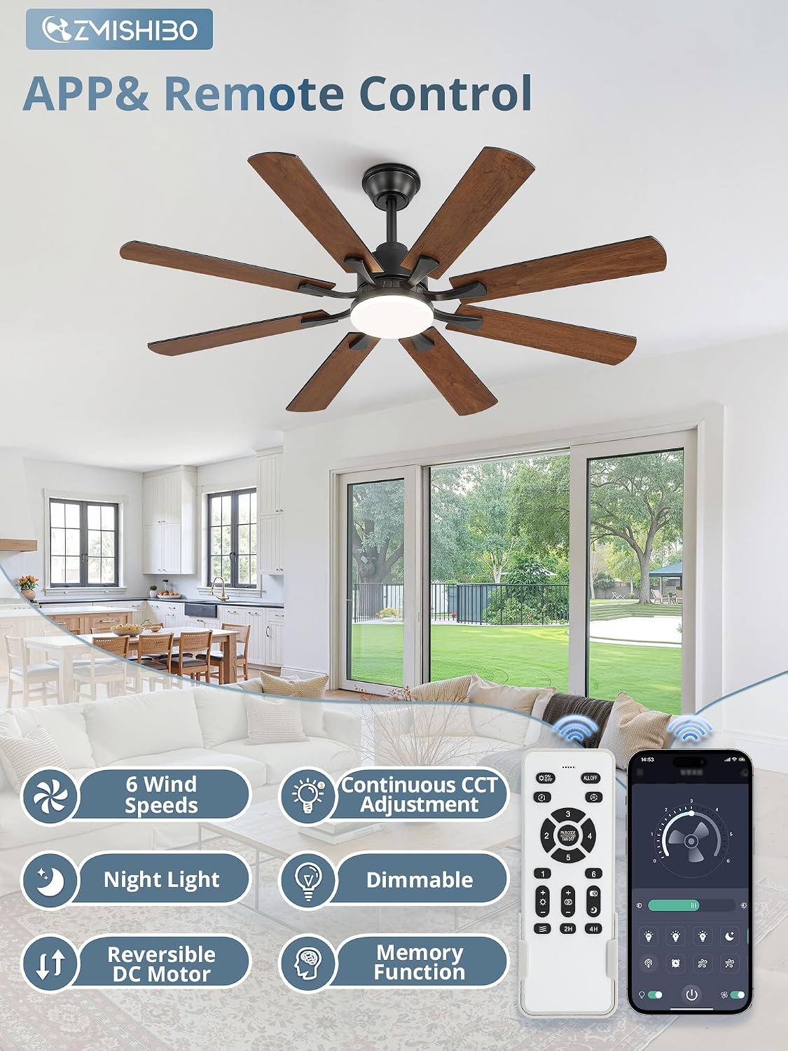 ZMISHIBO 52 inch Ceiling Fan with Light and Remote, Black