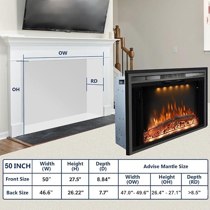 50 Inches Electric Fireplace Insert, 750W/1500W Fireplace Heater