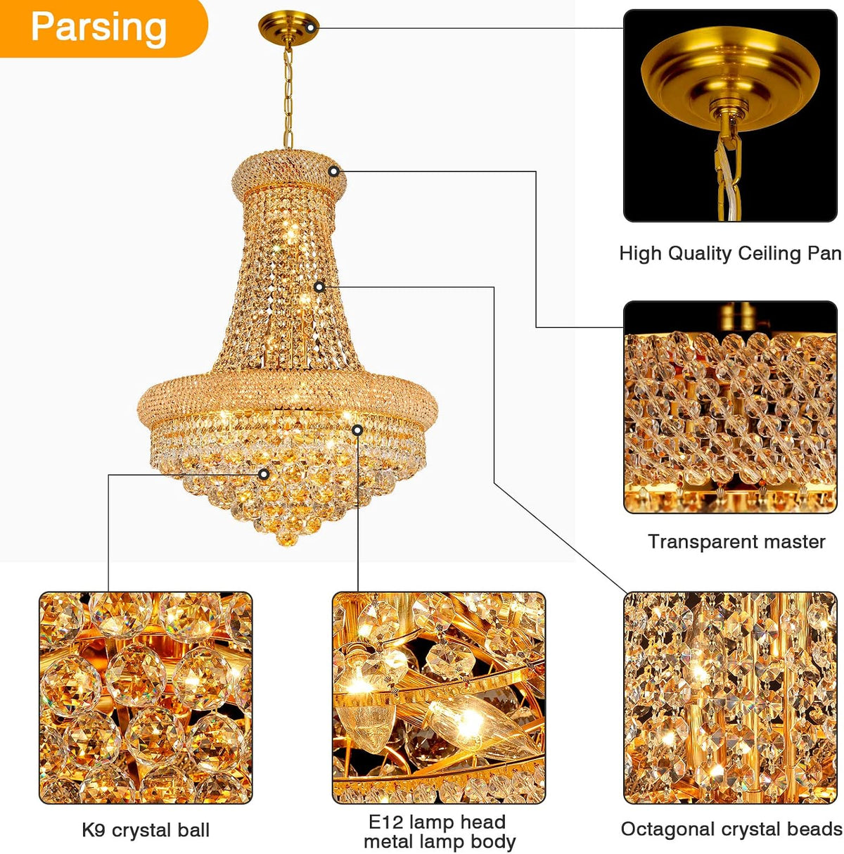 Gold Crystal Chandeliers for Dining Room，12-Lights D22 Inch