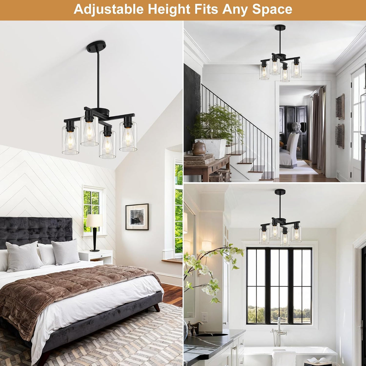 4-Light Black Farmhouse Chandelier, Adjustable Height Pendant Lighting
