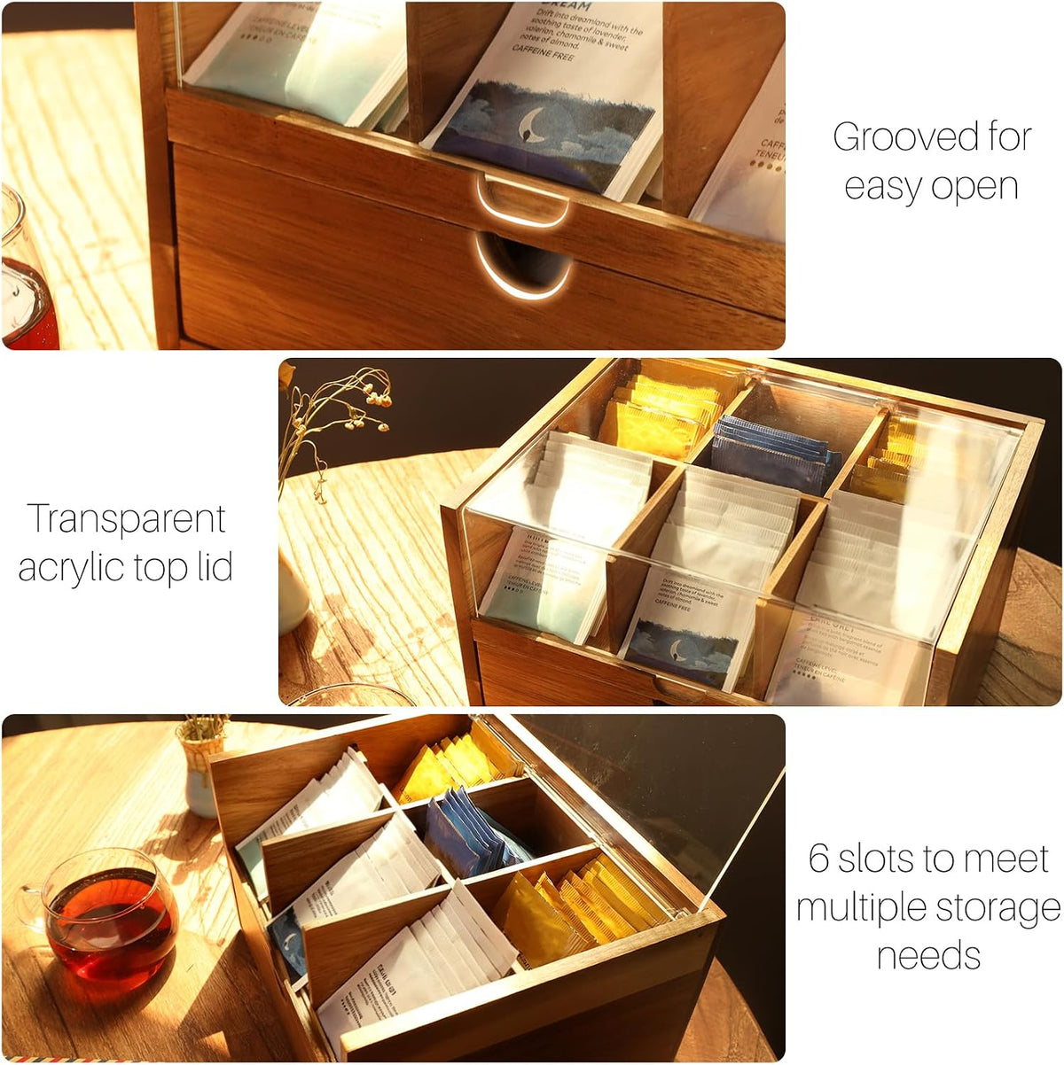 HTB Acacia Wood Tea Organizer 2 Tier with Drawer,Large Capacity