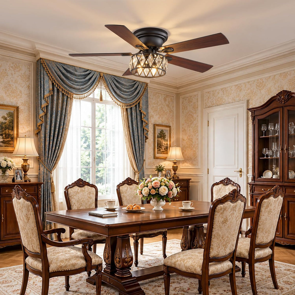52 Inch Crystal Ceiling Fan With Light And Remote,Flush Mount Ceiling Fans