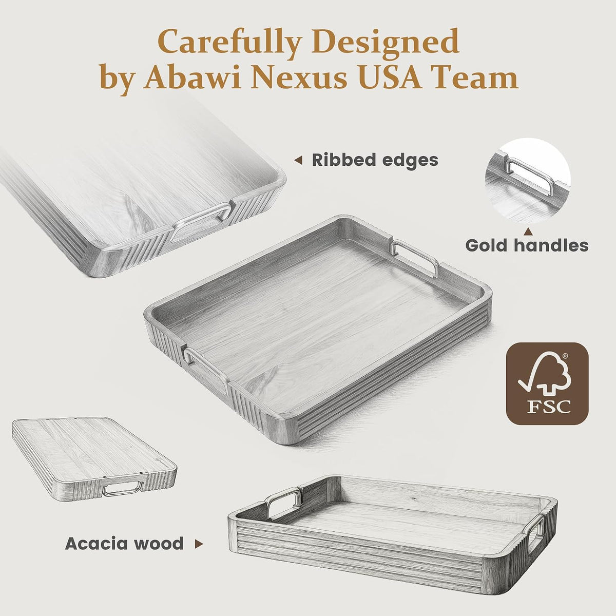 Acacia Wood Serving Tray with Gold Handles (Natural, 17" x 13" x 2&...
