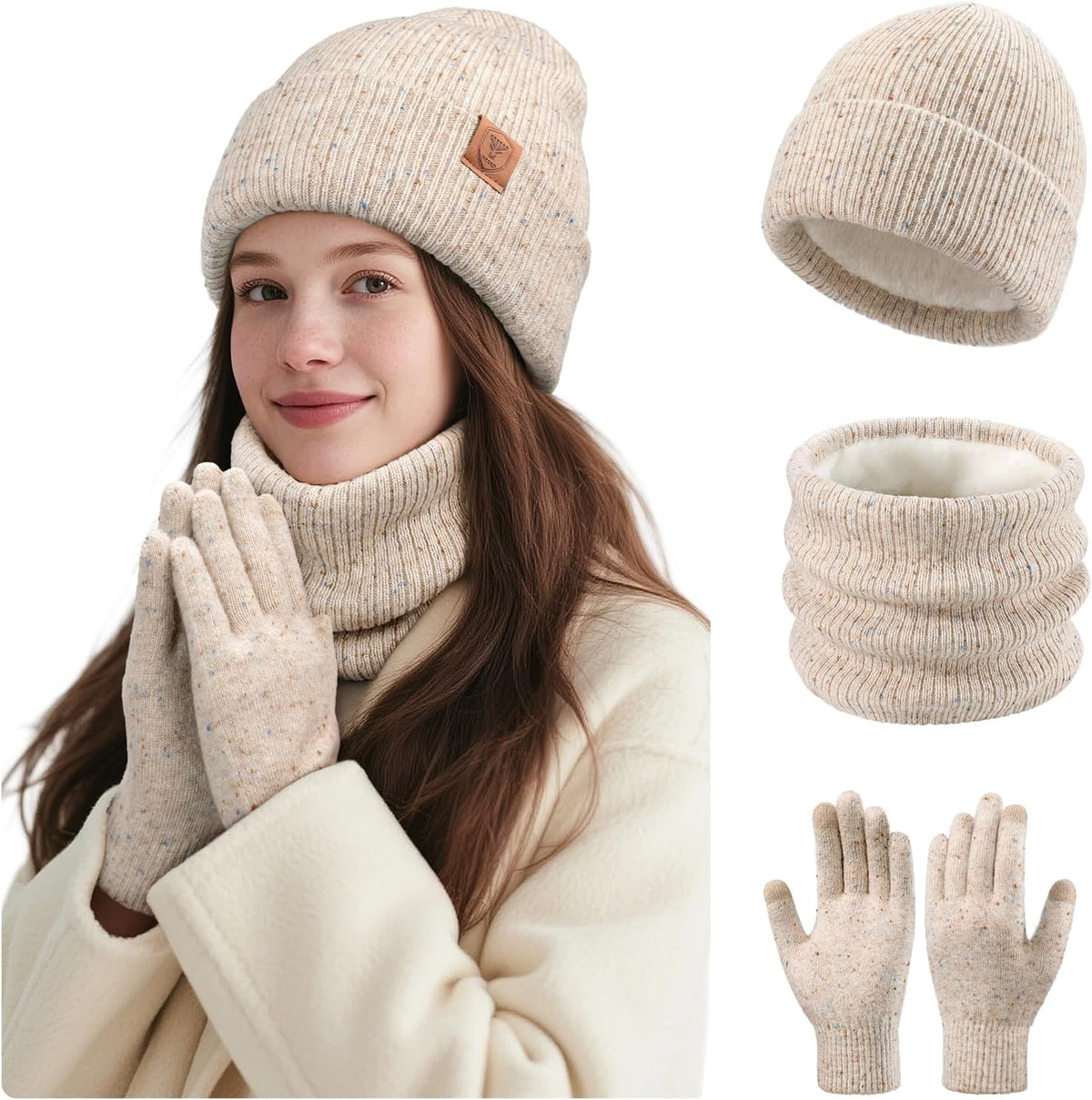 OZERO Winter Beanie Hat Scarf Gloves Set: Fleece Lined