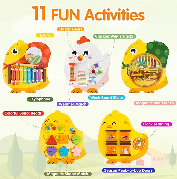Chick Squad Activity Wall Busy Board Panels | 11-in-1 Wooden Sensory Wall Panel