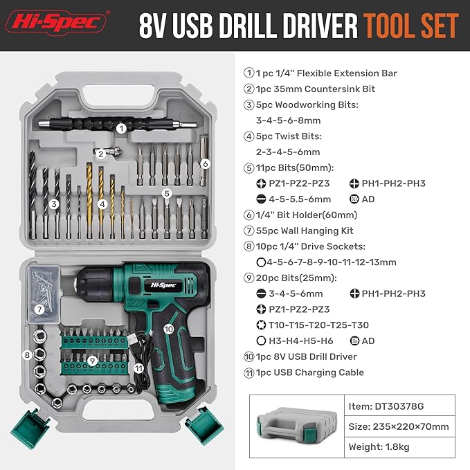 Hi-Spec 110pc Green 8V USB Electric Power Cordless Drill Driver Set. Drill Bits