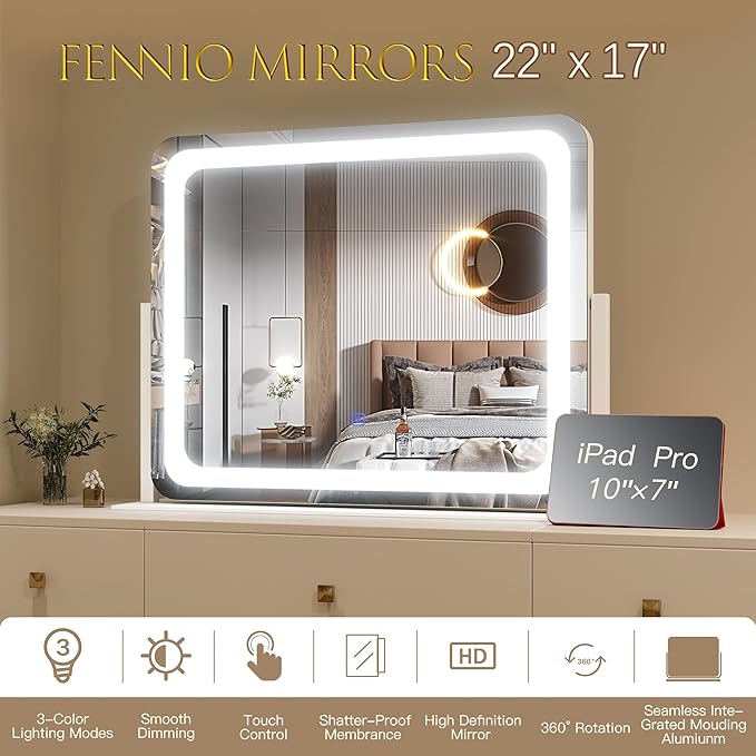 FENNIO Vanity Mirror with Lights 22''x17'' Makeup Mirror with...