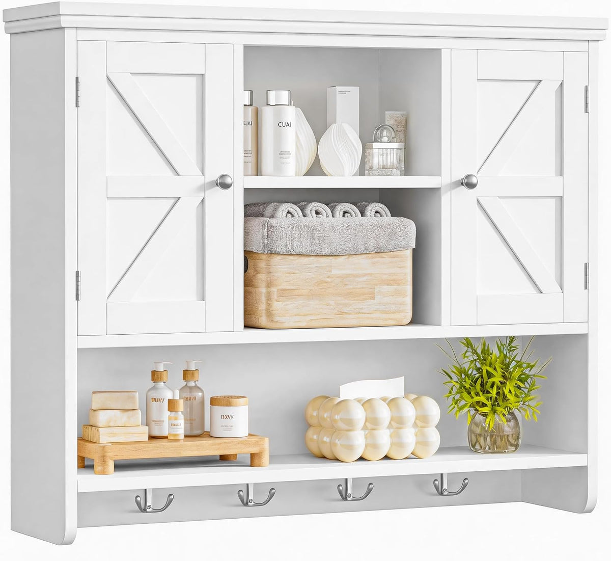 Keehusux Farmhouse Medicine Cabinet with Barn Doors and Hooks, White