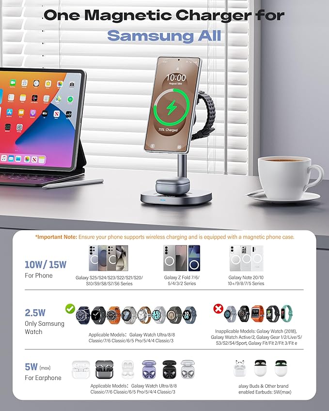 Magnetic Wireless Charger for Samsung, Qi2 Certified Fast 15W 3 in 1 Charging