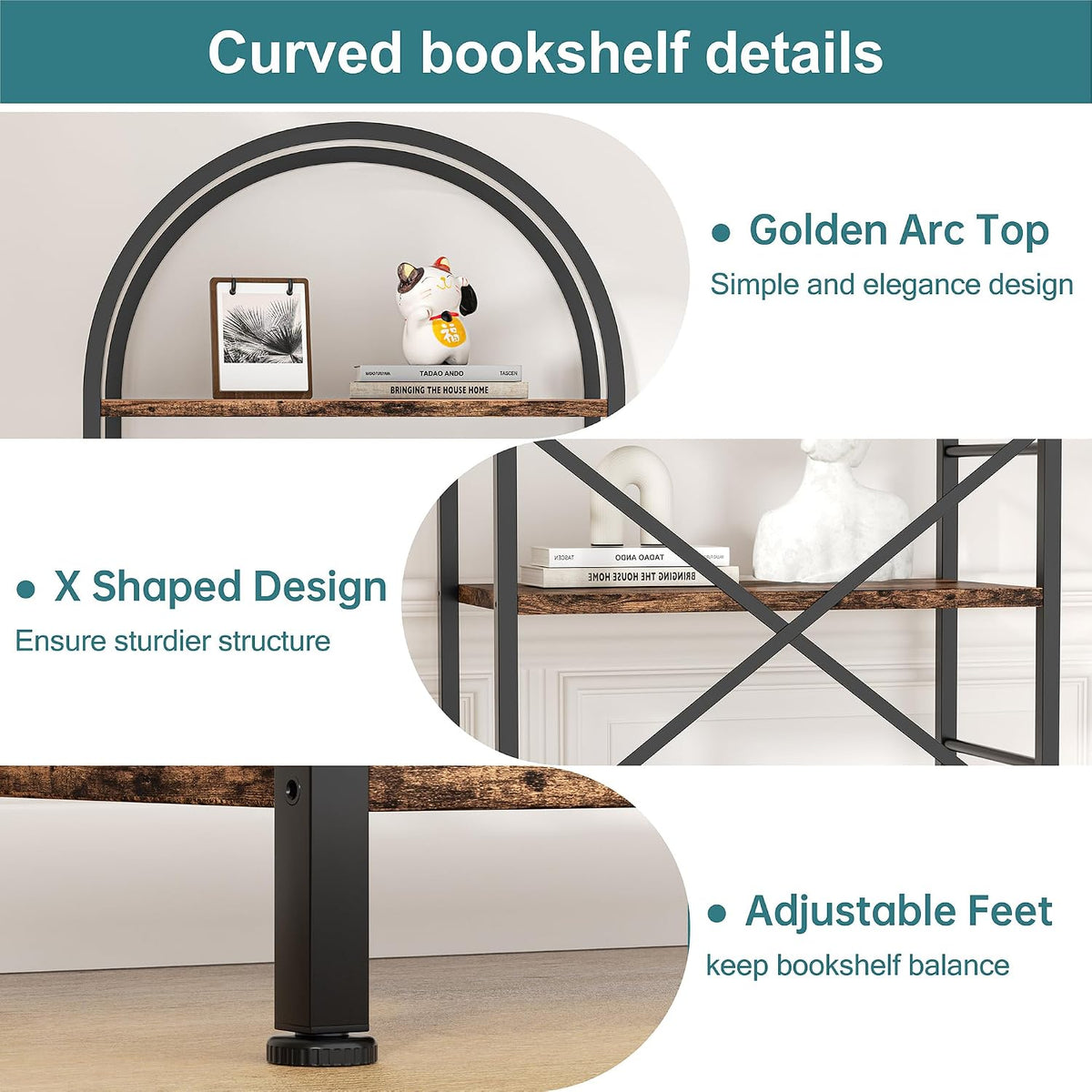 Shintenchi Arched 5 Tier Bookshelf, Brown Open Storage Bookcase