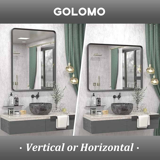 32x36 Black Bathroom Mirror, Rounded Rectangle Mirror, Shatterproof