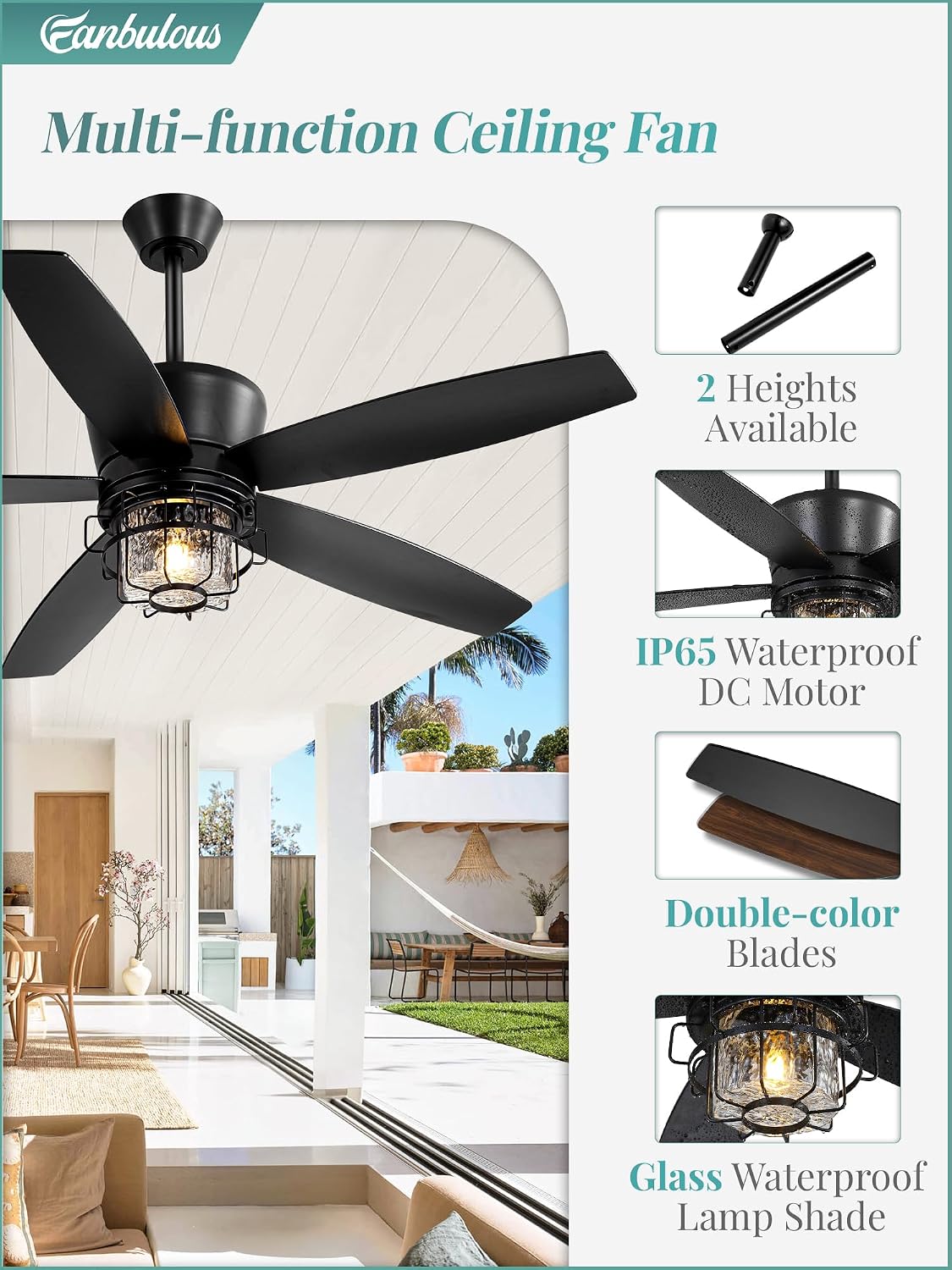 Fanbulous 52" Outdoor Ceiling Fans with Lights and Remote IP65 Waterproof