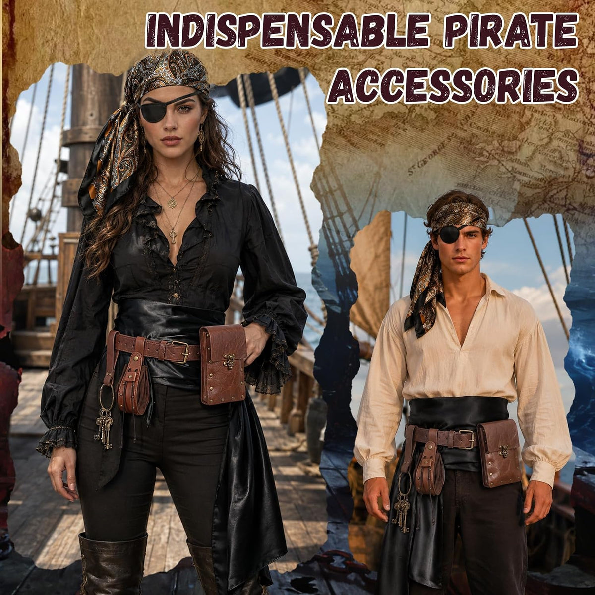 Renaissance Pirate Belt with Pouch Waist Bag, Pirate Head Scarf 7-Pack