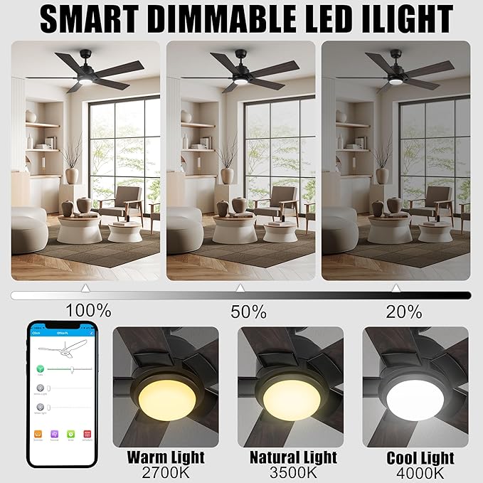 SMAAIR Smart WiFi LED Ceiling Fan, 52inch Plywood Outdoor Smart Ceiling Fan