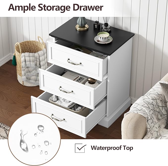 Nightstand with 3 Large Drawers, Rustic Farmhouse Wood Small Dresser, Bedside
