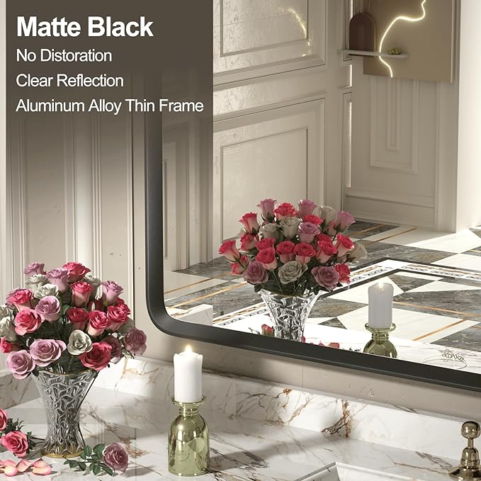 32x36 Black Bathroom Mirror, Rounded Rectangle Mirror, Shatterproof