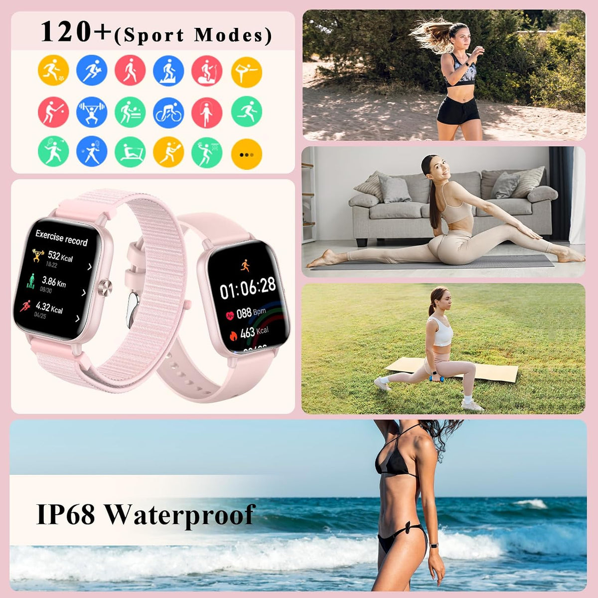 Smart Watch for Women 3 Bands 1.83" HD Fitness Tracker Sleep Monitor Pink