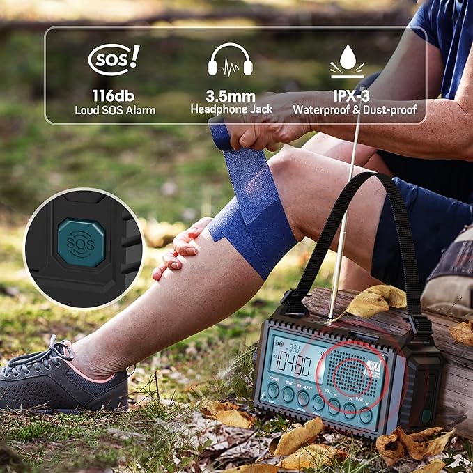 Emergency Weather Radio with AM/FM/NOAA/SW, 5 Ways Powered Solar Hand Crank