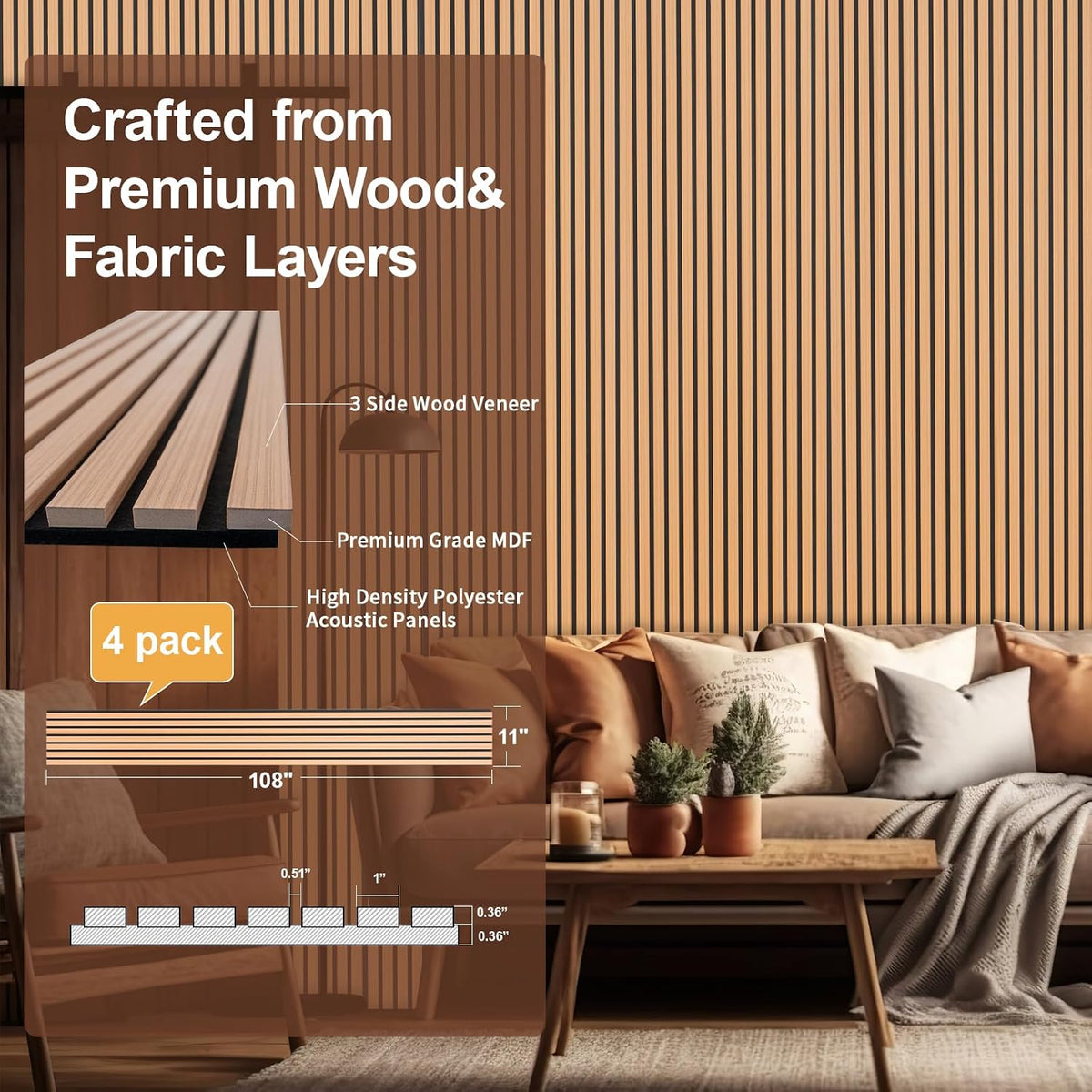 Yuzzy Wood Panels for Wall - 9 Feet Teak Wood Slat Acoustic Panels 4 PCS - Mo...