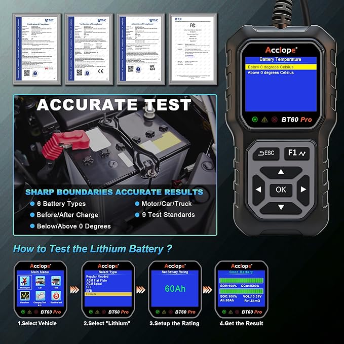 Acclope BT60 Pro Car Battery Tester, Digital Analyzer