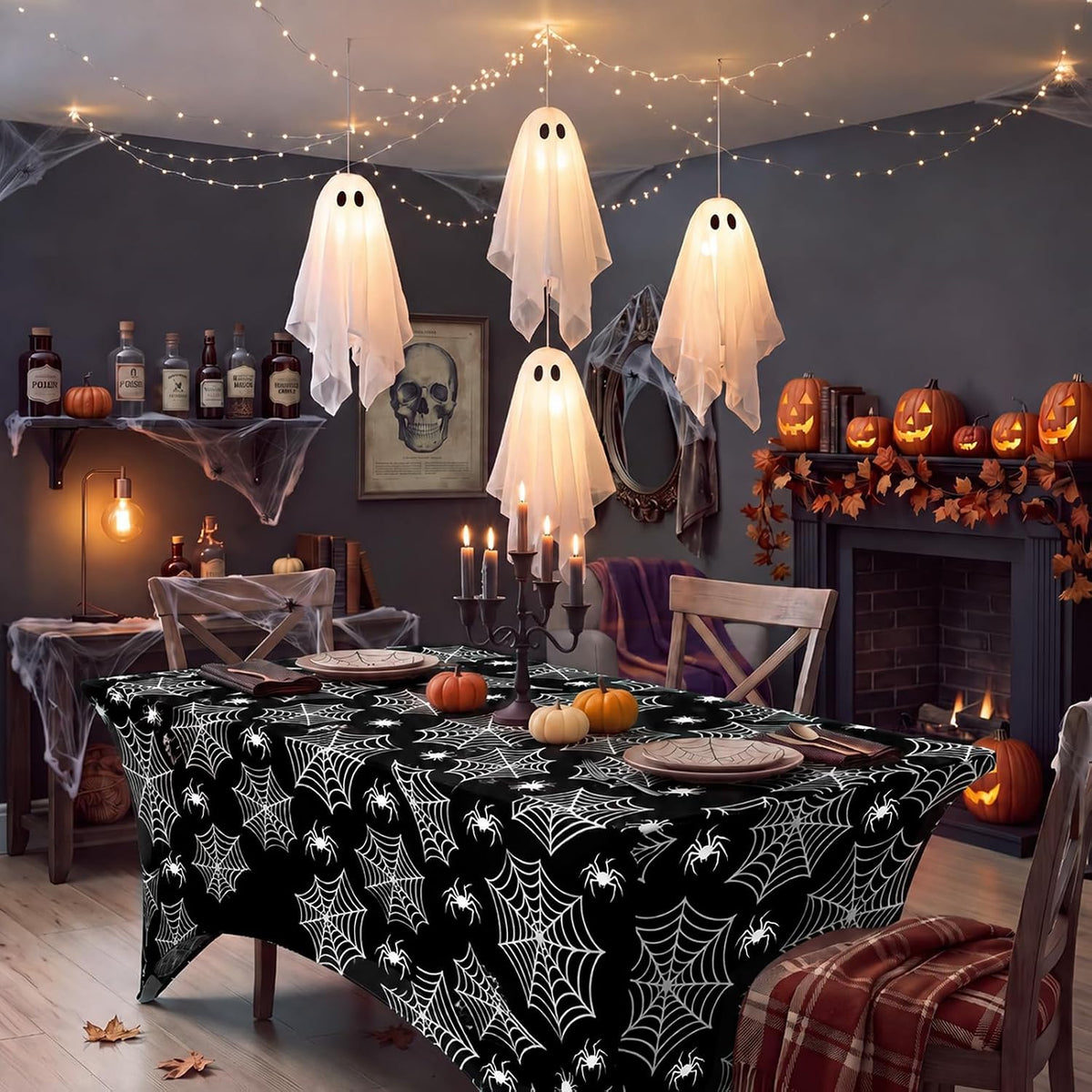 Moukeren 2 Pcs Halloween Spiderweb Tablecloth 6 ft Halloween Table Covers
