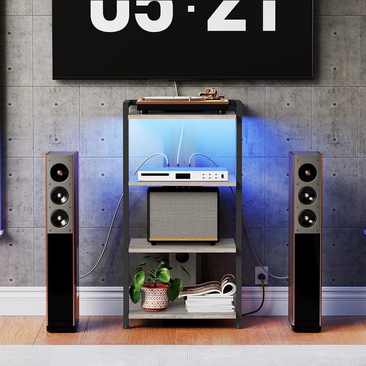 HOOBRO 4-Tier AV Media Stand, Media Console with Charging Station&LED Light