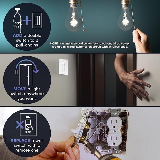 RunLessWire 3-Way Fan & Light Battery-Free DIY Kinetic Wireless Light Swi...