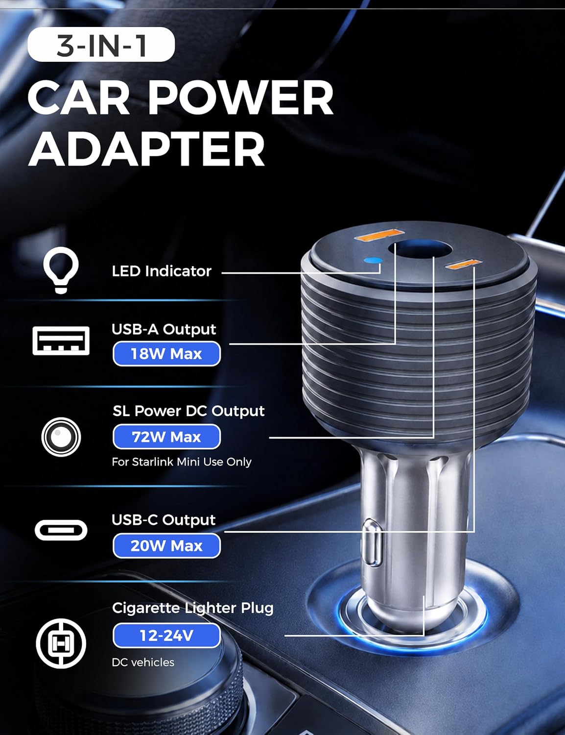 72W Max Stable Voltage Boost Starlink Mini Car Adapter, 3-in-1 Car Charger