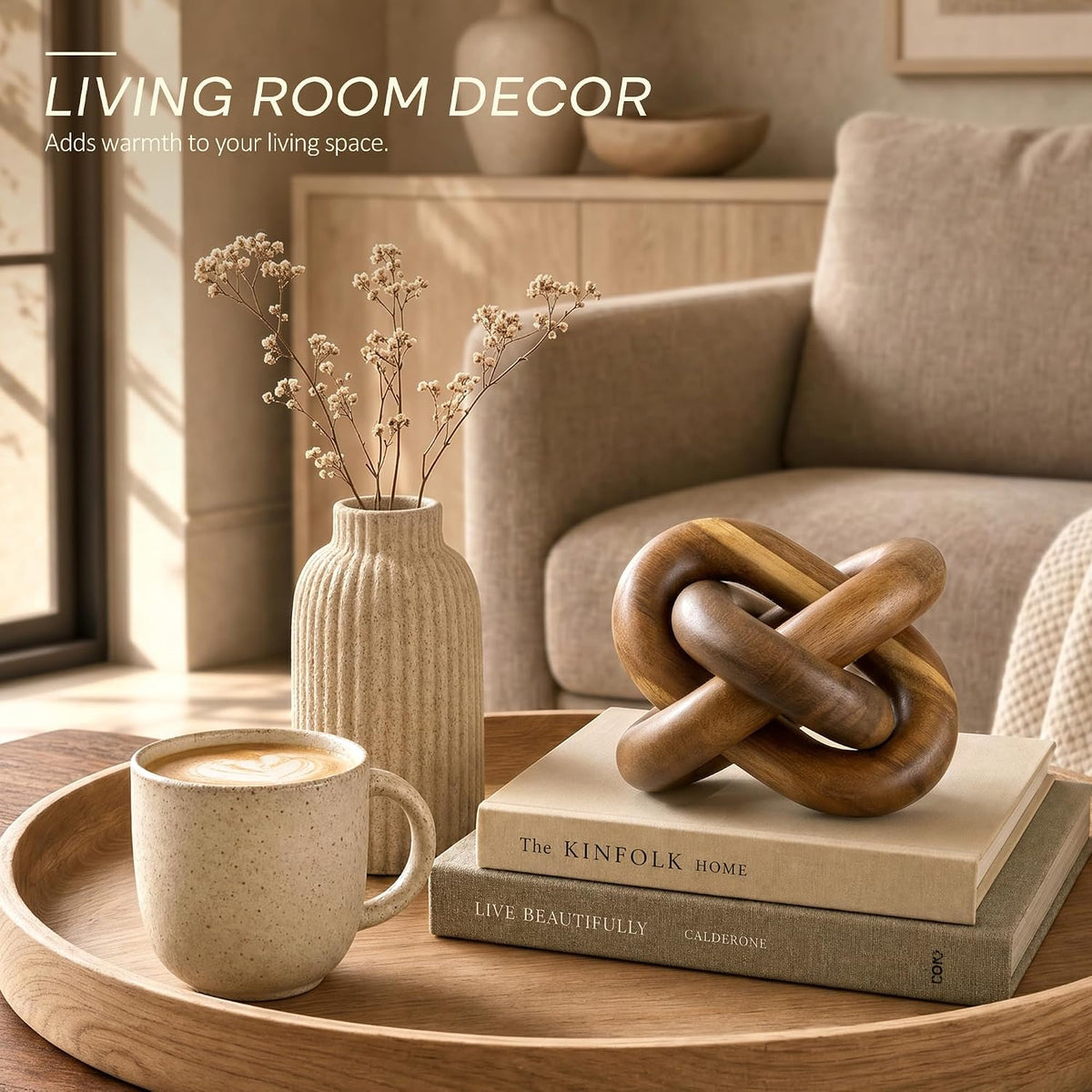 EOSAHR Acacia Wood 3 Link Wood Knot Decor for Coffee Table, Brown