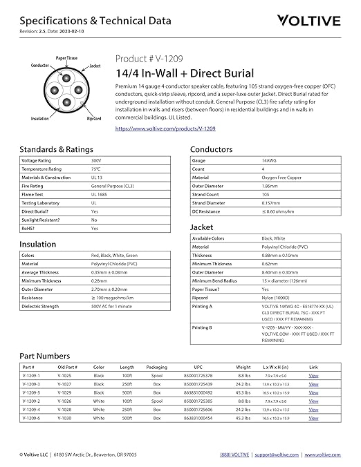 Voltive 14/4 Speaker Wire, in-Wall CL3 & Direct Burial, 250ft