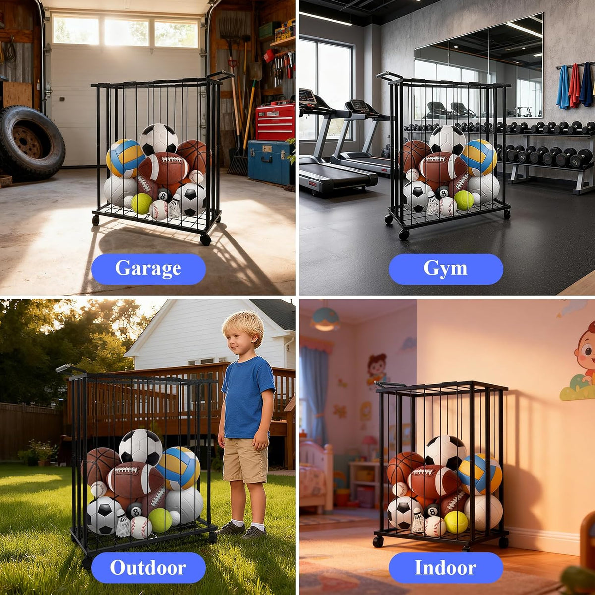 Large Garage Ball Storage Rack with Wheels for Basketball & Soccer