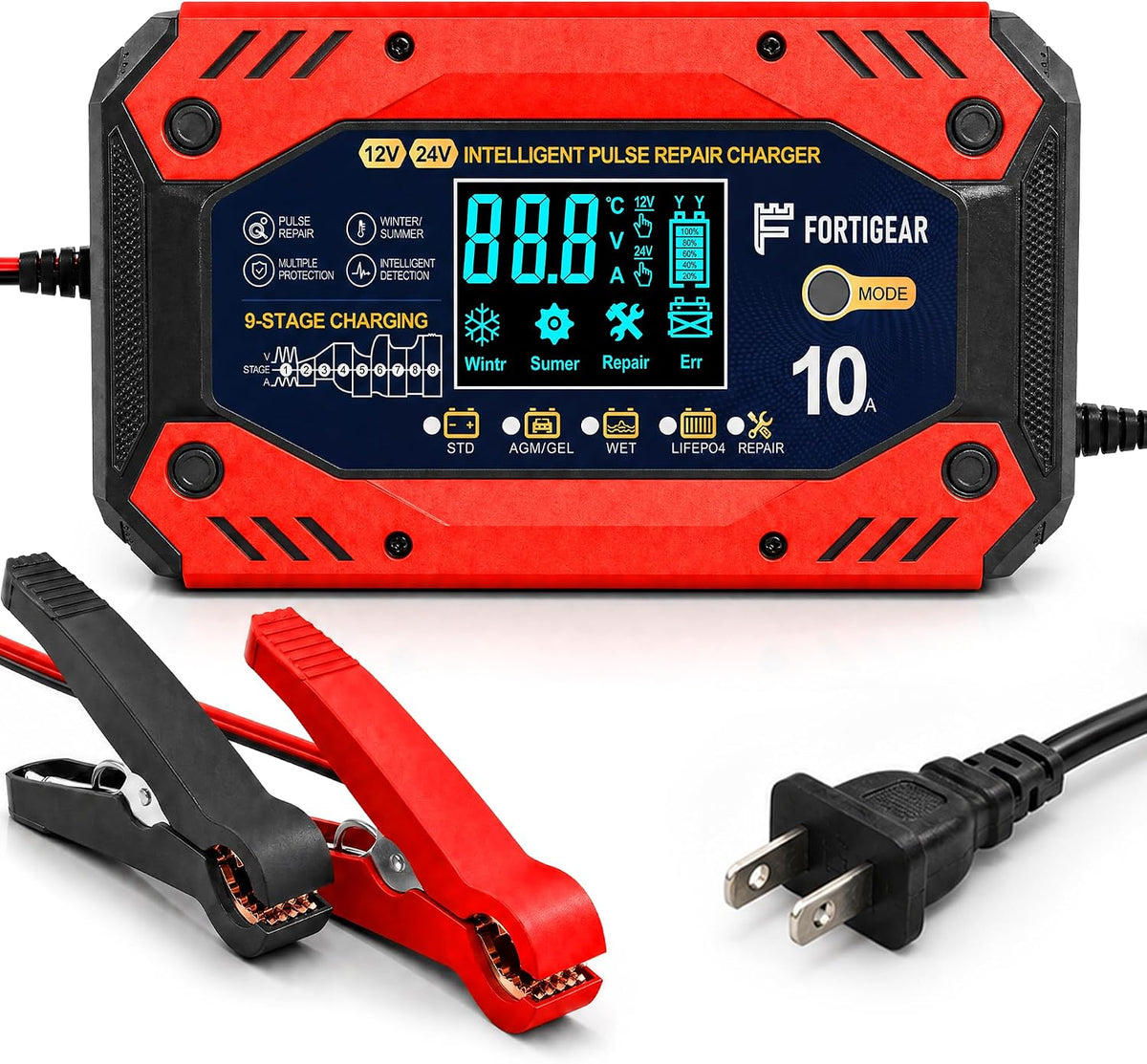 10-Amp 12V Car Battery Charger LiFePO4 Support Pulse Repair Charger for Car