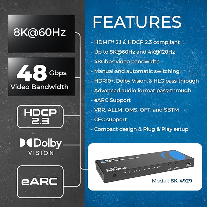 OREI 4-Port eARC 8K Audio Extractor 4x1 Switch