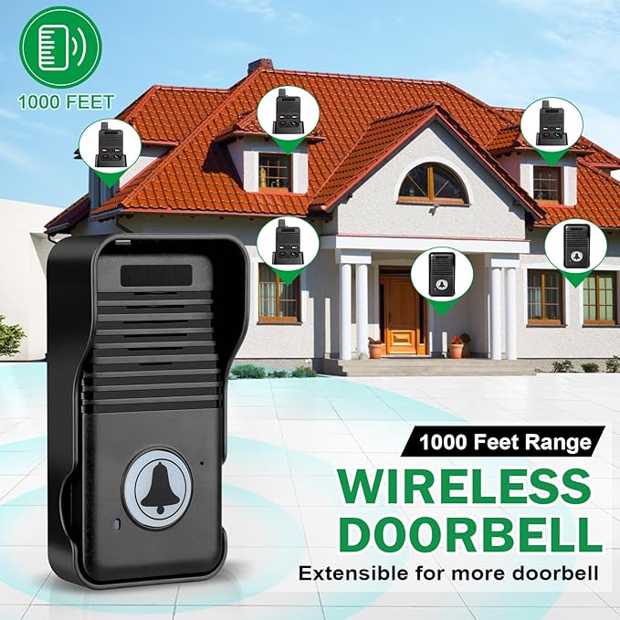 Wireless Doorbell, Waterproof Full Duplex Doorbell Wireless Upgrade, 1000ft