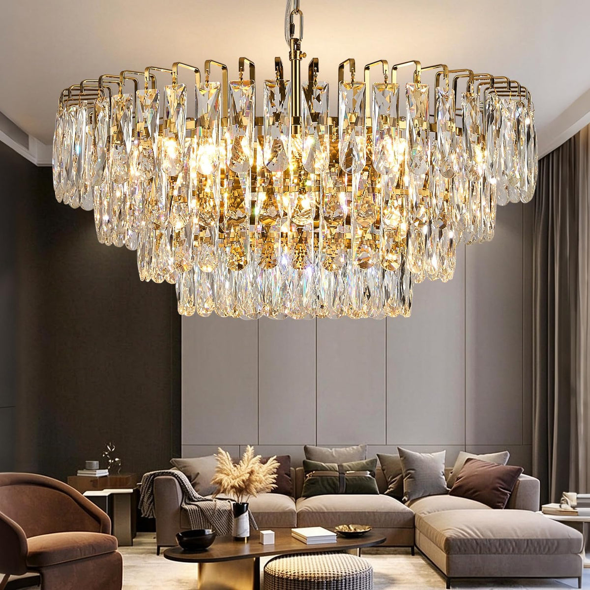 Gold Round Crystal Chandelier, 20 Inch 8-Light Raindrop Pendant Light