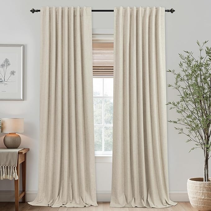 KOUFALL 102 Inches Long Curtains, Linen Blackout Light Beige Boho Back Tab