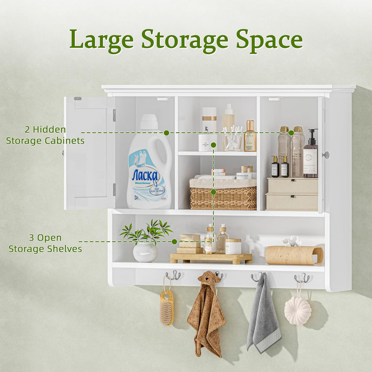 Keehusux Farmhouse Medicine Cabinet with Barn Doors and Hooks, White