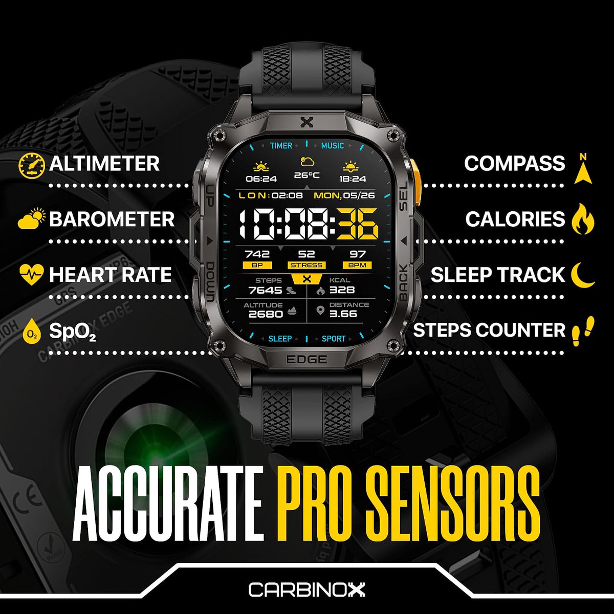 CARBINOX Edge Military Smart Watch for Men, Fitness Tracker, GPS, Black