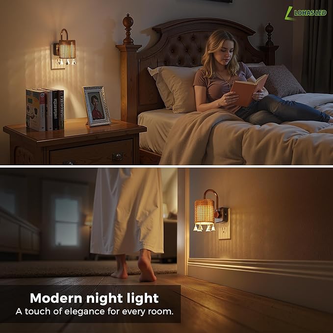L LOHAS LED Night Lights Plug into Wall, 2 Pack Boho Fabric Cylinder Night Light