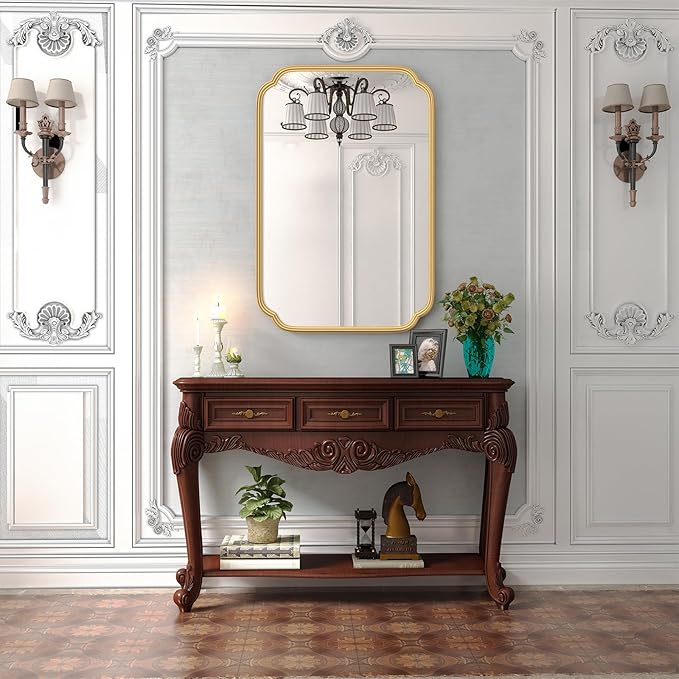 Gold Bathroom Vanity Mirror for Wall 24" x 36" Modern Rounded Recta...