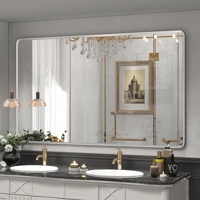66x40 Inch Silver Framed Mirror, Brushed Nickel, Rounded Rectangle Mirror