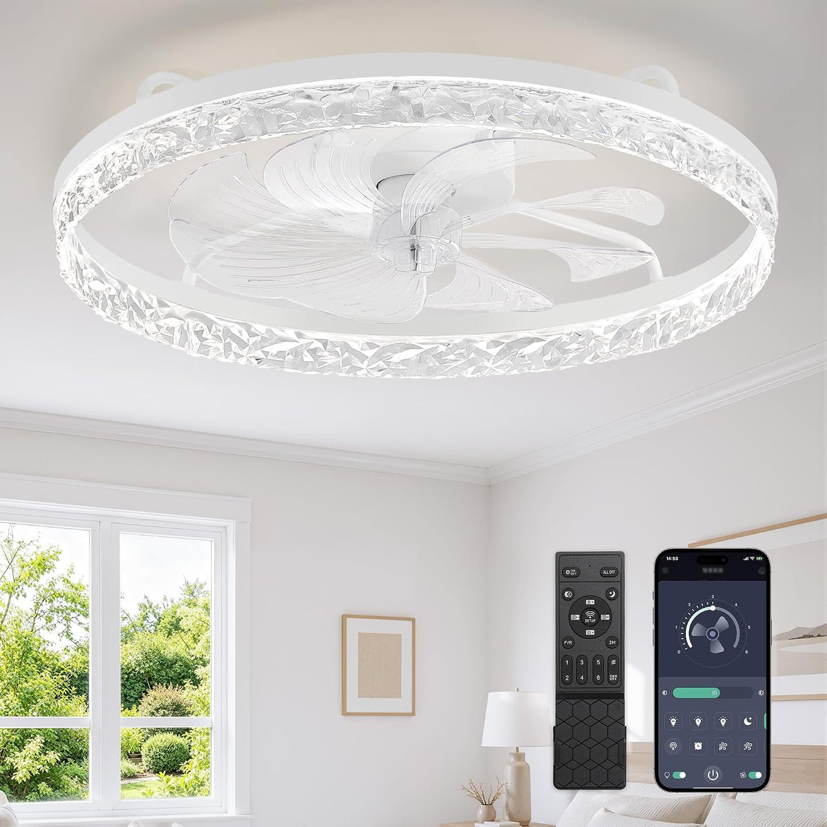 LEDIARY 24" Low Profile Ceiling Fans with Light and Remote, Fandelier White