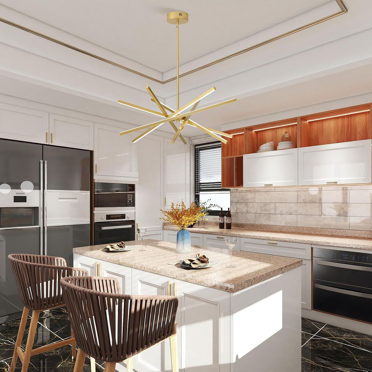 Modern LED Gold Chandelier Over Table, 3000K 4500K 6000K Dimmable